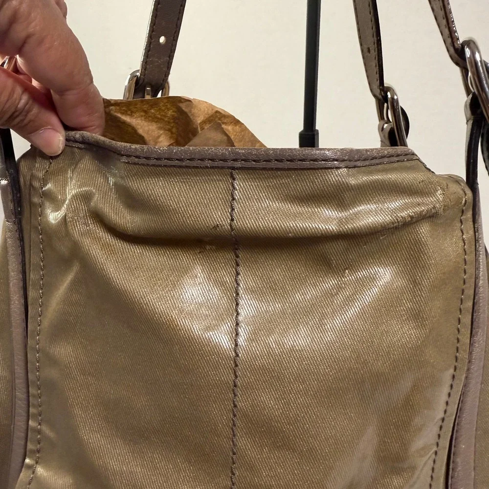 Tod's Shoulder Bag Medium Bronze Coated Canvas Leather Trim Tote + Luxury Hobo